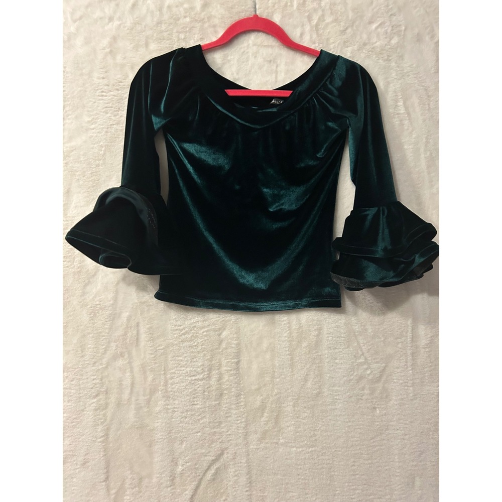 Kikiriki Women Medium Dark Green Velvet Ruffle Bell Sleeve Scoop Neck Top Blouse